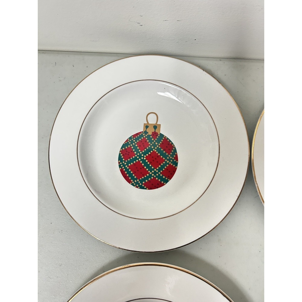 Vintage Gibson Set of 6 Christmas Ornaments Dessert Salad Plate 9" Gold Rim DECO - Picture 3 of 9